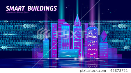 Smart city 3D neon glowing cityscape. Intelligent building automation night futuristic business Smart city 3D neon glowing cityscape. Intelligent building automation night futuristic business 43878731