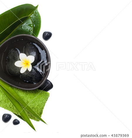 Spa objects with tropical flower and green leaves Spa objects with tropical flower and green leaves 43879369
