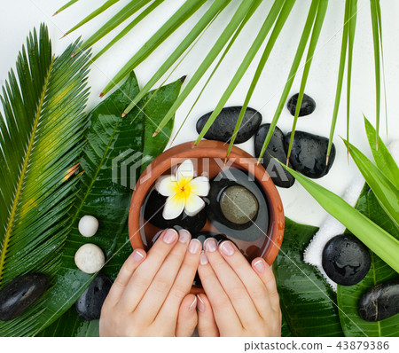 Spa manicure with bowl of water, flowers 43879386