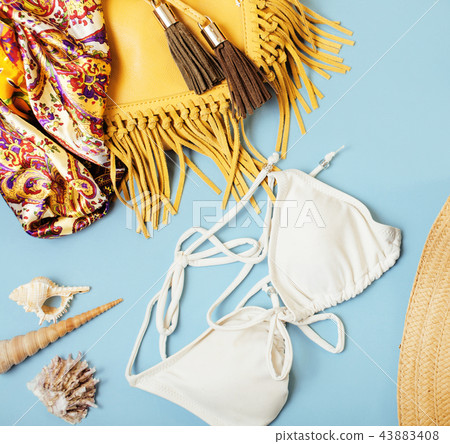 diverse travel girlish stuff on colorful background blue and yel diverse travel girlish stuff on colorful background blue and yel 43883408