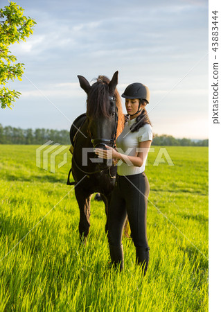Young Woman with her horse at sunrise. Young Woman with her horse at sunrise. 43883444