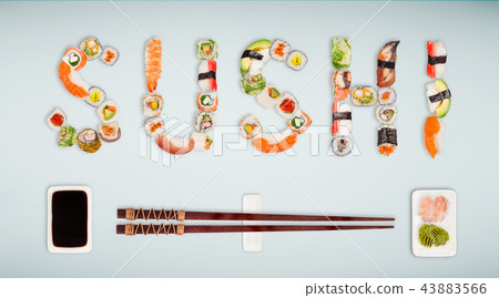 Traditional japanese sushi pieces making inscription. Traditional japanese sushi pieces making inscription. 43883566