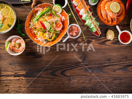 Various of asian meals on rustic background , top view , place for text. 43883975