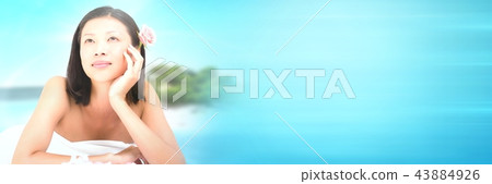 Happy spa woman relaxed with tropical paradise sea with transition 43884926