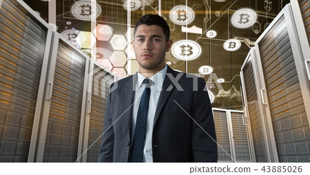 Man with computer servers and bitcoin technology information interface Man with computer servers and bitcoin technology information interface 43885026