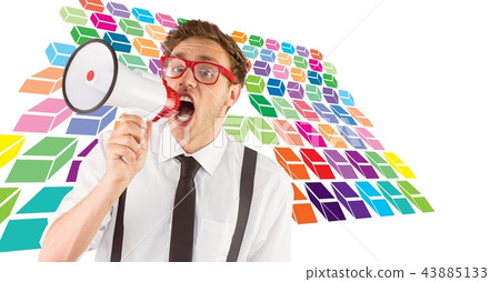 Geeky hipster man using megaphone with colorful geometric pattern Geeky hipster man using megaphone with colorful geometric pattern 43885133