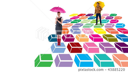 Woman and man walking on colorful geometric pattern with umbrellas Woman and man walking on colorful geometric pattern with umbrellas 43885220