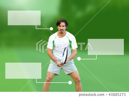 Tennis player man with blank infographic chart panels Tennis player man with blank infographic chart panels 43885271