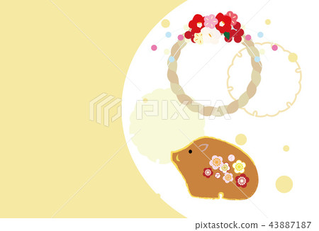 New Year's card yoko yellow with boar and hen ornament and snow ring New Year's card yoko yellow with boar and hen ornament and snow ring 43887187