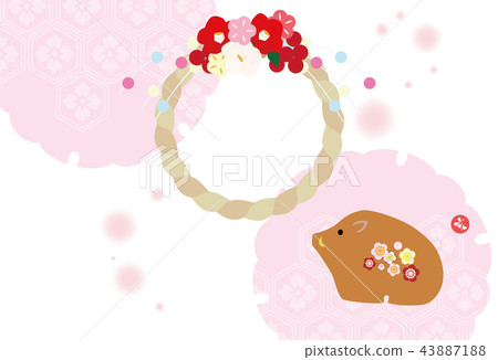 New Year's card yoko with boar and hen ornament and snow ring New Year's card yoko with boar and hen ornament and snow ring 43887188