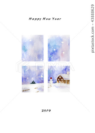 新年的卡片材料從窗口看到的雪景 新年的卡片材料從窗口看到的雪景 43888629