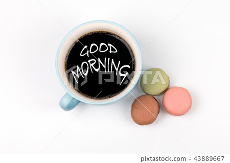 Good Morning. coffee mug and macarons biscuits 43889667