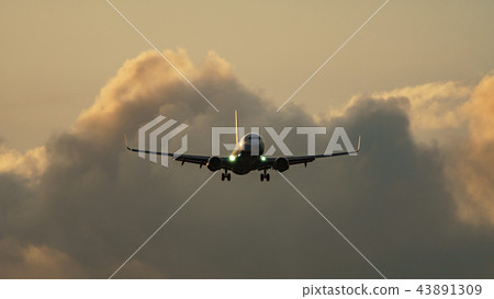 High contrast of jet plane landing against clouds 43891309