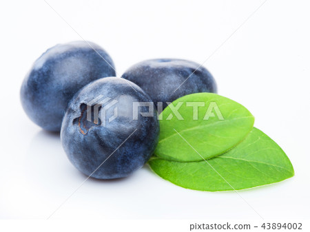Fresh raw organic blueberries with leaf on white  43894002
