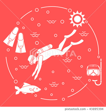 Mask, snorkel, flippers, sun, fish, scuba diver Mask, snorkel, flippers, sun, fish, scuba diver 43895394