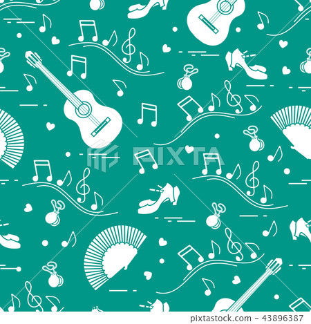 Pattern with fan, shoes, castanets, notes, guitars Pattern with fan, shoes, castanets, notes, guitars 43896387