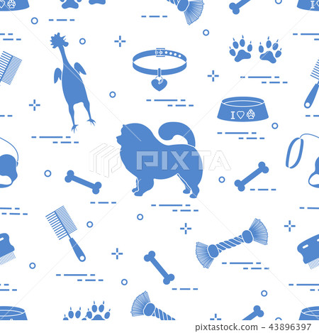 Pattern of silhouette chow-chow dog, bowl, bone, 43896397