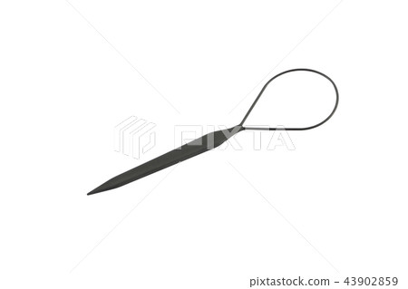Black plastic hair tie on white background. 43902859