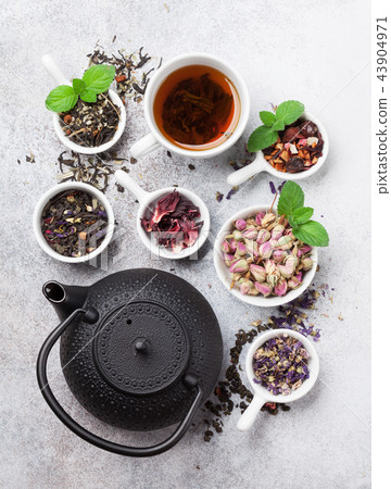 Various tea and teapot. Black, green and red tea 43904971