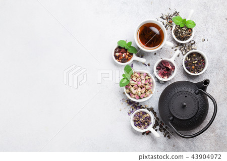 Various tea and teapot. Black, green and red tea 43904972