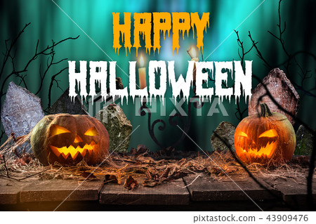 Halloween pumpkins on wooden planks. Halloween pumpkins on wooden planks. 43909476