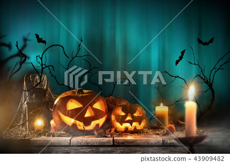 Halloween pumpkins on wooden planks. Halloween pumpkins on wooden planks. 43909482