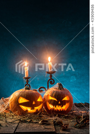 Halloween pumpkins on wooden planks. Halloween pumpkins on wooden planks. 43909486