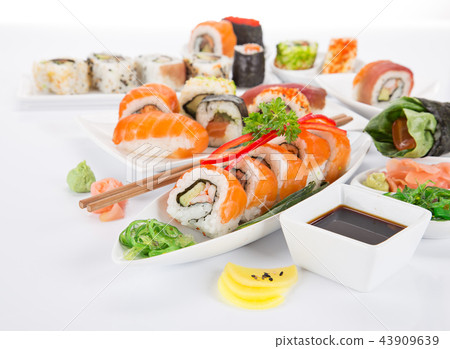 Japanese sushi set on white background. 43909639