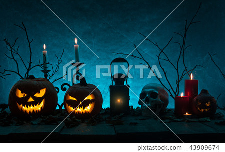 Halloween pumpkins on wooden planks. Halloween pumpkins on wooden planks. 43909674