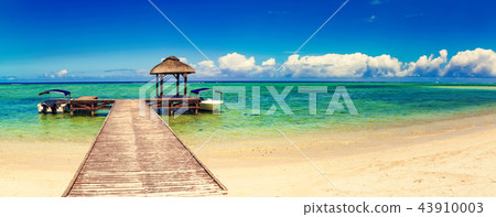 Sandy tropical beach. Jetty on the foreground. Sandy tropical beach. Jetty on the foreground. 43910003