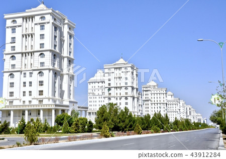 Asshikabad, Turkmenistan's capital, a white building street that appears in the desert 43912284