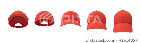 3d rendering of five red baseball caps shown in one line in a front view but in different angles. 3d rendering of five red baseball caps shown in one line in a front view but in different angles. 43914057