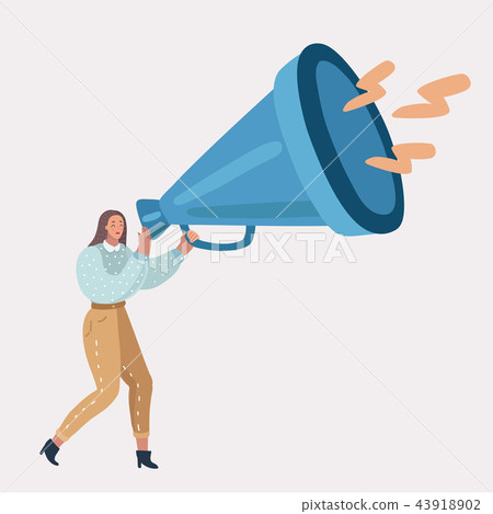 Woman talking into big megaphone Woman talking into big megaphone 43918902