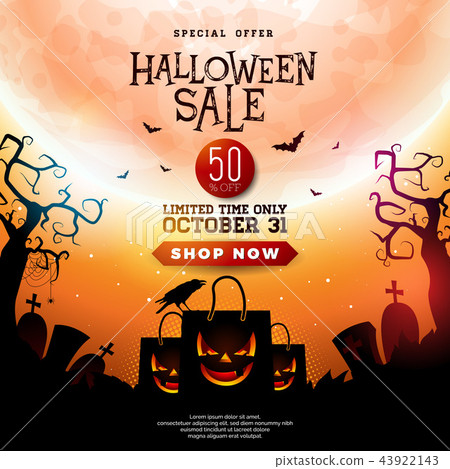 Halloween Sale illustration with scary faced shopping bag, crow, bats and cemetery on orange 43922143