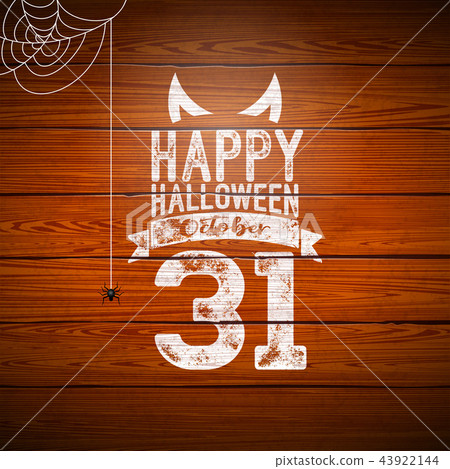 Happy Halloween banner illustration with flying bats, cemetery and spider on vintage wood background Happy Halloween banner illustration with flying bats, cemetery and spider on vintage wood background 43922144
