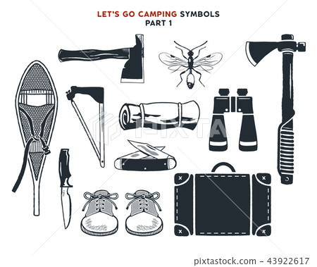 Vintage hand drawn adventure, hiking, camping shapes. Vintage snowshoes, axes, travel bag 43922617