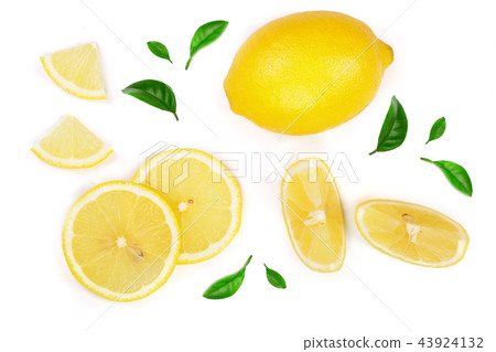 lemon and slices with leaf isolated on white background. Flat lay, top view 43924132