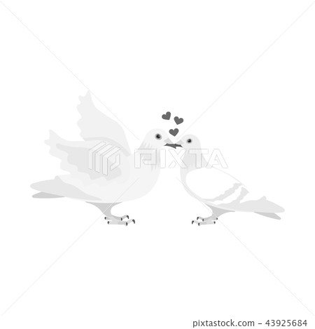 Two funny monochrome pigeons illustration. White doves with a heart. A symbol of love for the bride Two funny monochrome pigeons illustration. White doves with a heart. A symbol of love for the bride 43925684