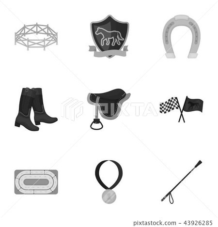 Races on horseback, hippodrome. Horse racing and equipping riders.Hippodrome and horse icon in set 43926285