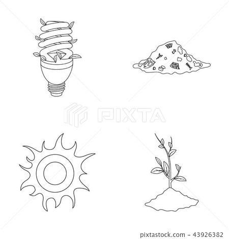 An ecological lamp, the sun, a garbage dump, a sprout from the earth.Bio and ecology set collection An ecological lamp, the sun, a garbage dump, a sprout from the earth.Bio and ecology set collection 43926382