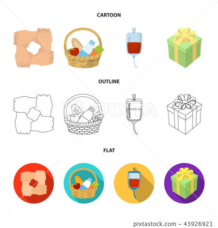 Gesture of the hands in support, a basket with food for charity, donor blood, a gift donation box 43926921