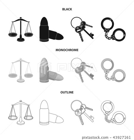 Scales of justice, cartridges, a bunch of keys, handcuffs.Prison set collection icons in black 43927161