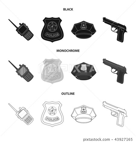 Radio, police officer badge, uniform cap, pistol.Police set collection icons in black,monochrome Radio, police officer badge, uniform cap, pistol.Police set collection icons in black,monochrome 43927165