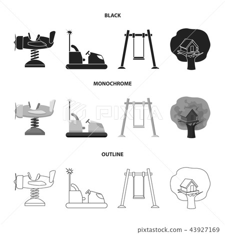 Airplane on a spring, swings and other equipment. Playground set collection icons in black Airplane on a spring, swings and other equipment. Playground set collection icons in black 43927169