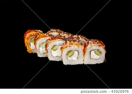 Sushi, rolls on a black isolated background 43928976
