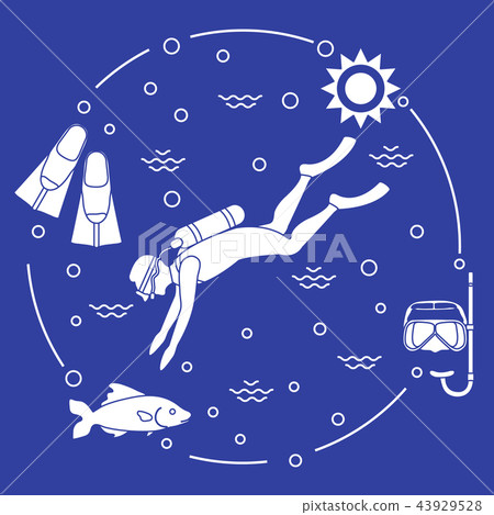 Mask, snorkel, flippers, sun, fish, scuba diver 43929528