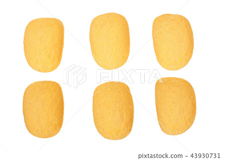 potato chips on white background close-up. Top view. Flat lay. Set or collection potato chips on white background close-up. Top view. Flat lay. Set or collection 43930731