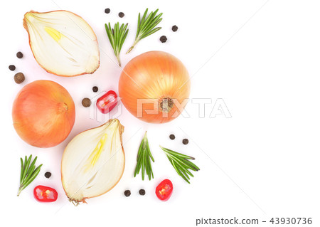 onions with rosemary and peppercorns isolated on a white background with copy space for your text onions with rosemary and peppercorns isolated on a white background with copy space for your text 43930736
