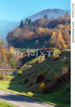 Autumn Carpathian mountains and railroad bridge 43931238