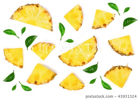 Sliced pineapple with green leaves isolated on white background. Top view. Flat lay pattern Sliced pineapple with green leaves isolated on white background. Top view. Flat lay pattern 43931324